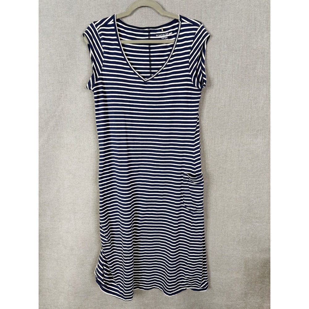 Toad Co Dress Womens Large Blue White Striped Midi Samba Muse Beachy Nautical